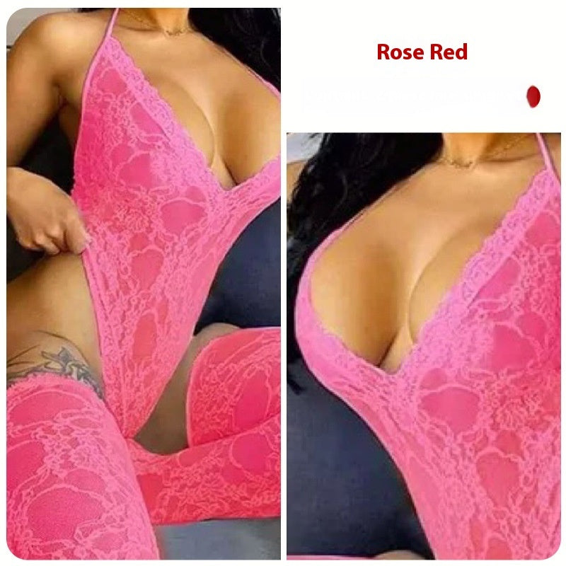 Sexy Underwear Lace Deep V Halter Stockings Two-piece Set