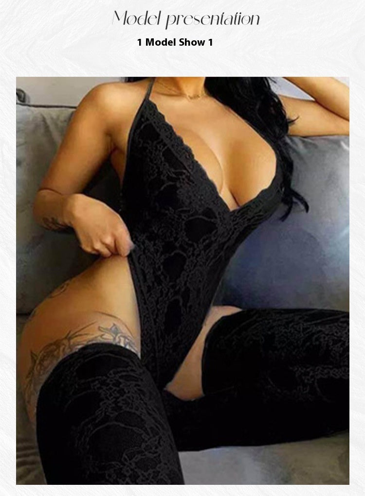 Sexy Underwear Lace Deep V Halter Stockings Two-piece Set