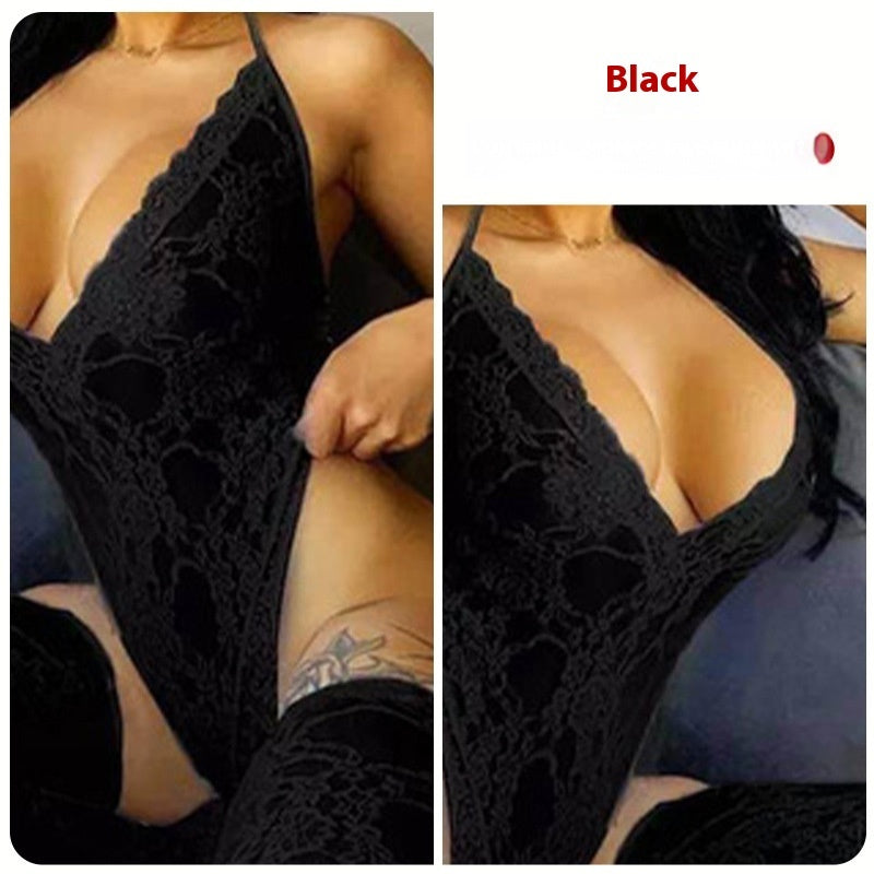 Sexy Underwear Lace Deep V Halter Stockings Two-piece Set