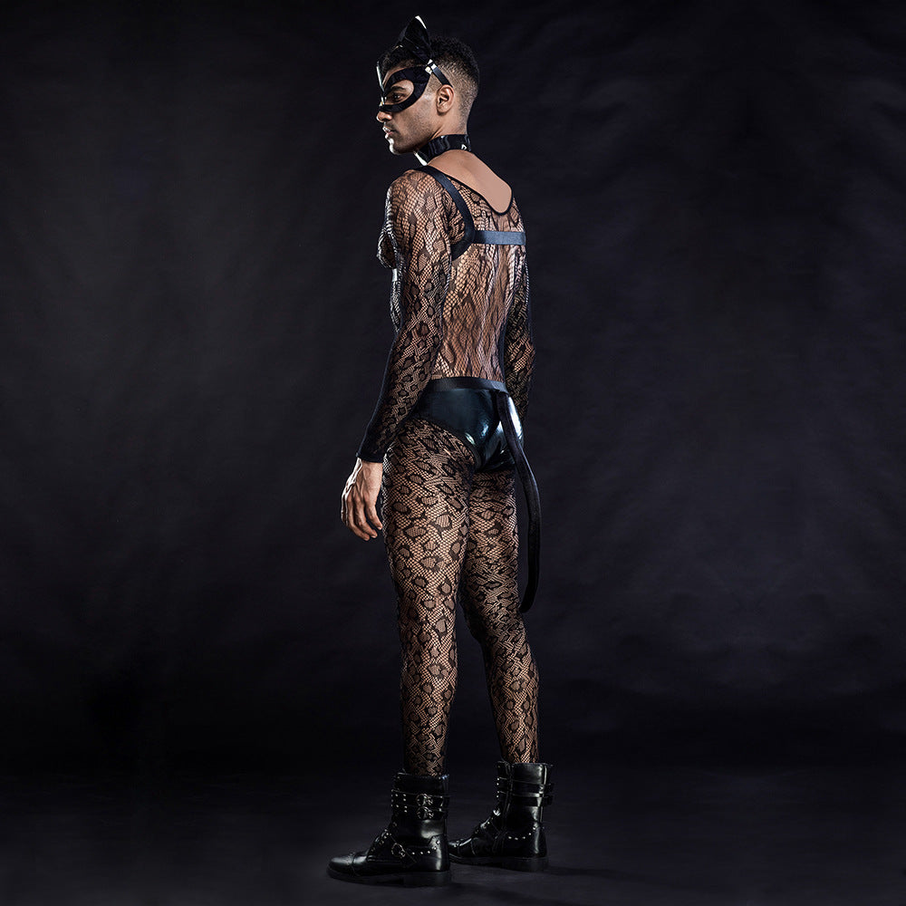 Uniforme sexy pour chat masculin, filet transparent une pièce sexy