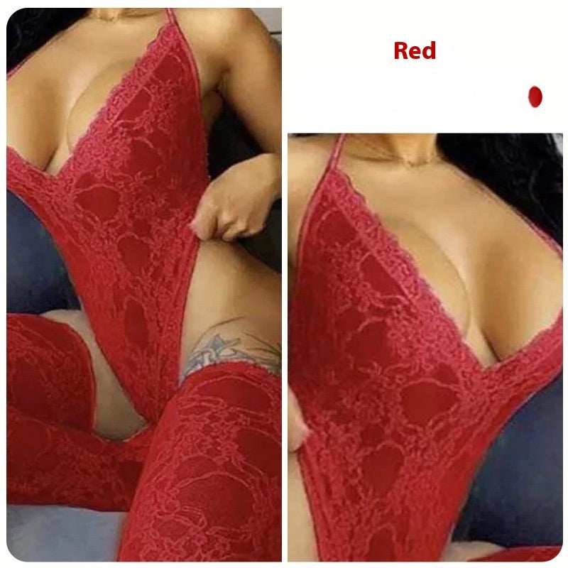 Sexy Underwear Lace Deep V Halter Stockings Two-piece Set