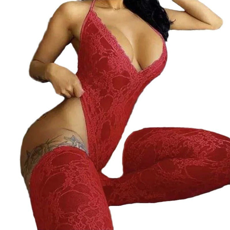 Sexy Underwear Lace Deep V Halter Stockings Two-piece Set