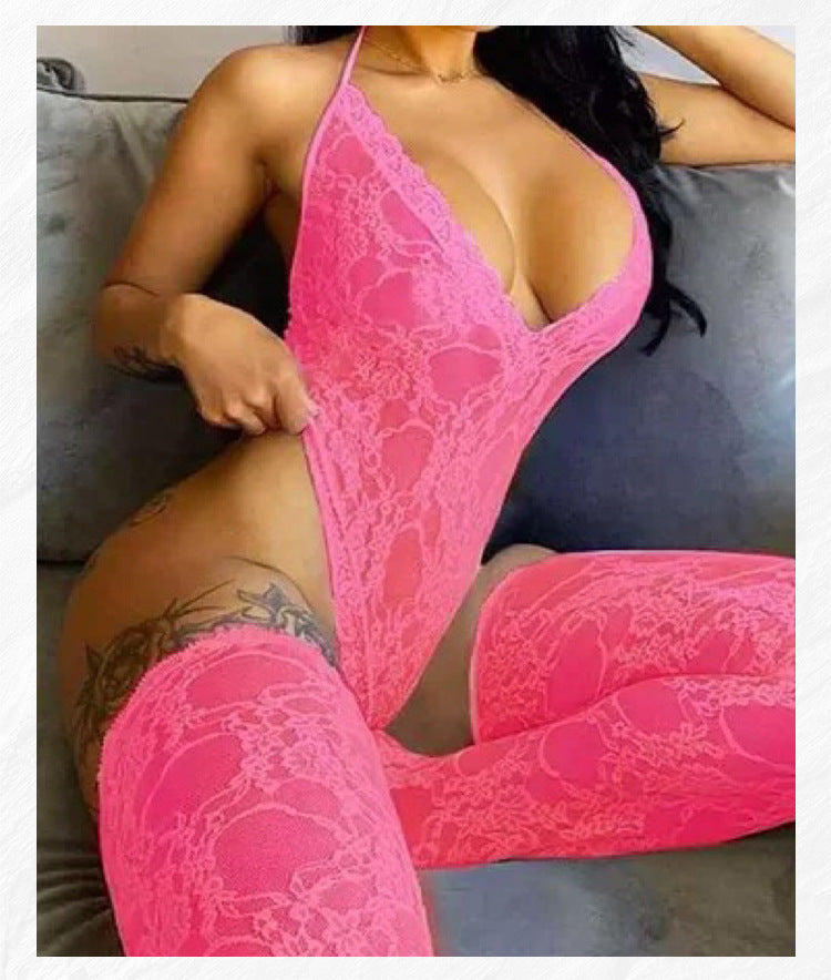 Sexy Underwear Lace Deep V Halter Stockings Two-piece Set