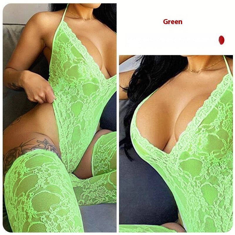 Sexy Underwear Lace Deep V Halter Stockings Two-piece Set